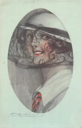 L531 Glamour Lady Portrait ausgefallener Hut Passepartout von A. Mauzan Vintage Postkarte