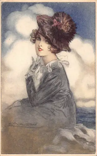 L531 Art Deco Glamour Lady Portrait ausgefallener Hut von A. Mauzan Vintage Postkarte