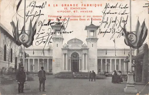 A098 Belgien 1911 Große Fabrik Kleidung H Esders Anvers Flaggen Arbeiter Postkarte