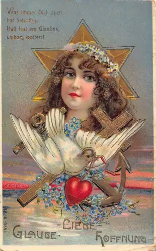 A979 Religiöses Mädchen Stern Taube Herz Anker Kreuz geprägt Vergissmeinnicht Postkarte