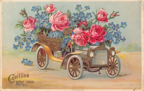 L293 Grüße Blumen Cabrio Auto Rosen 1911 Oldtimer Postkarte