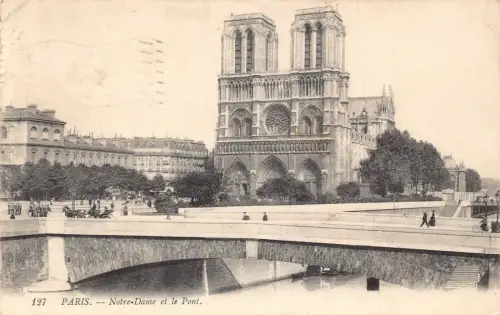 A097 Frankreich 1913 Paris Notre-Dame Kathedrale und Brücke Kutsche Vintage Postkarte