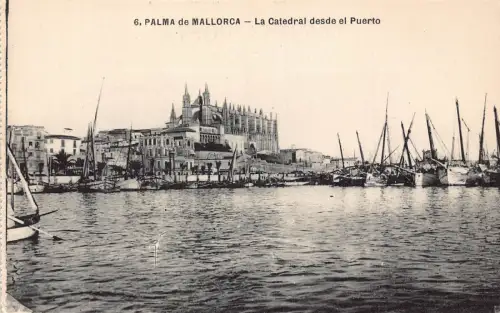 A976 Spanien Palma de Mallorca Catedral desde el Puerto Boote Vintage Postkarte