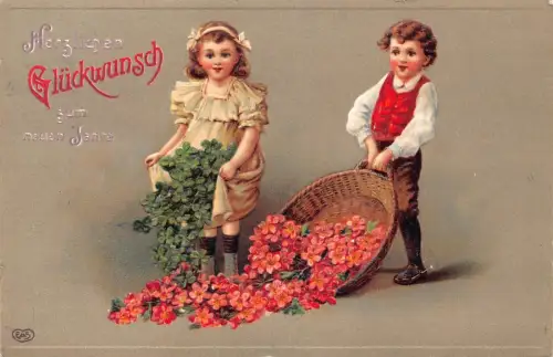 L371 Neujahrsgrüße 1915 Kinder Blumen Kleeblatt Glück Vintage Postkarte