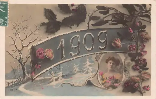 L371 Neujahrsgrüße 1909 große Zahlen Dame Portrait Rosen Vintage Postkarte