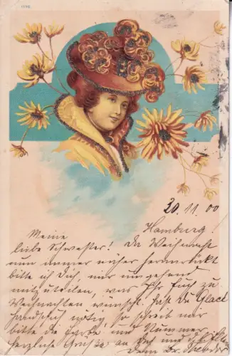 B087 Jugendstil Glamour Schönheit Chrysantheme Neuheit Glitzer 1900 Postkarte