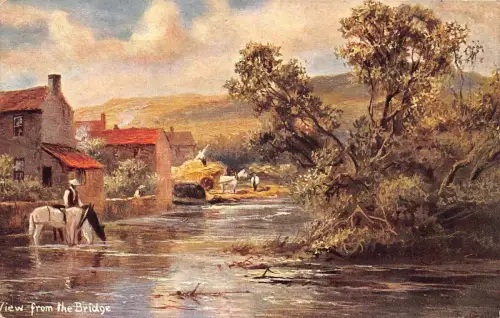 A032 England Cheddar Blick von der Brücke Gemälde Reiter Vintage Postkarte