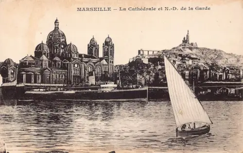 A819 Frankreich Kathedrale Marseille und ND de la Garde Segelboot Vintage Postkarte