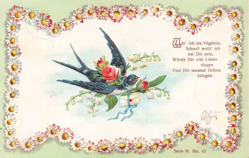 L396 Schwalbenvogel Rose Blumen Glück 1905 geprägt Vintage Postkarte