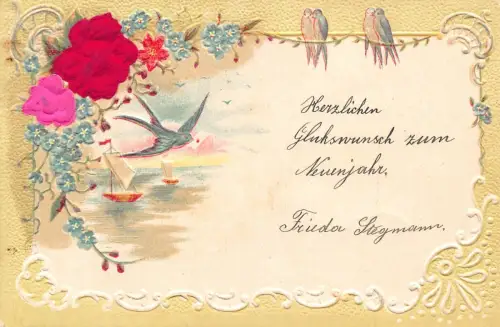 L396 Schwalbe Vogel Seide Rose Blumen Glück 1903 Neujahr geprägt Vintage Postkarte