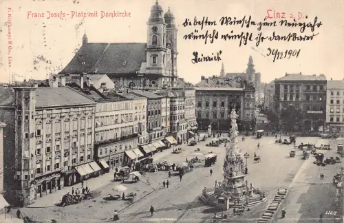 C038 Österreich, Linz Franz Josefs-Platz mit Domkirche 1901 alte Postkarte