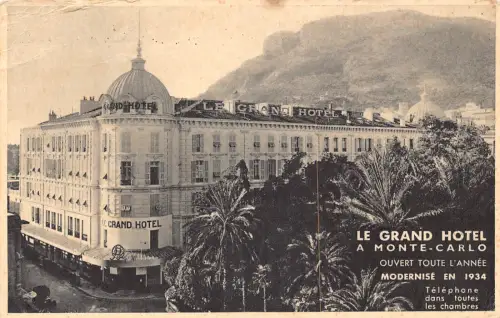 A976 Monaco Grand Hotel Monte-Carlo 1934 Werbung Vintage Postkarte