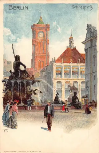 A019 Deutschland Berlin Schlossplatz Brunnen Gemälde signiert Kley Vintage Postkarte