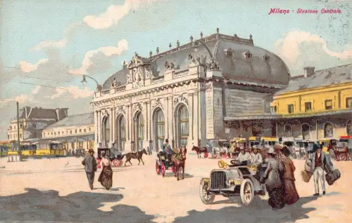 A017 Italien Mailand Milano Hauptbahnhof Wagen Kutsche Gemälde Postkarte