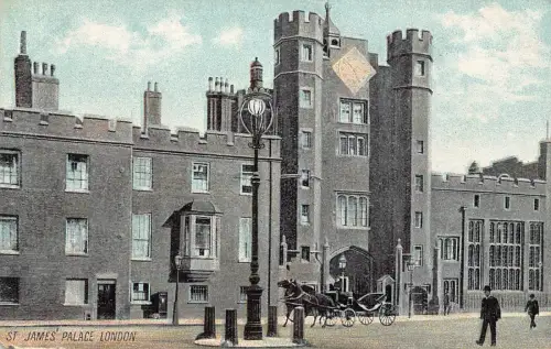 A023 England St James' Palace Kutsche London Vintage Postkarte
