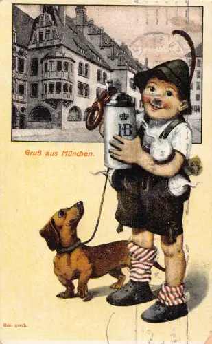 B101 Gruss aus München München 1923 Deutscher Junge Bierkrug Dackel Hund Postkarte
