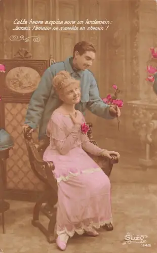 B101 Liebesroman französisches Paar flirtet Rosen Zitat Fotomontage Postkarte