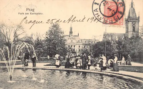 B110 Tschechien 1907 Prager Prag Park am Karlsplatz Brunnen Postkarte