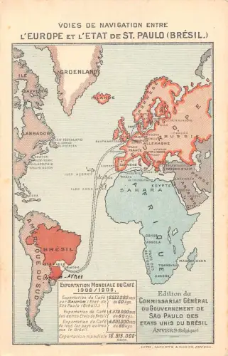 L284 Brasilien Weltkarte Navigation Routen Europa nach Südamerika Postkarte