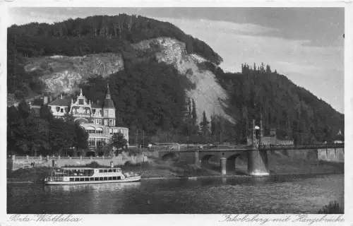 B120 Deutschland Porta Westfalica Jakobsberg mit Hangebrücke Dampfschiff Postkarte