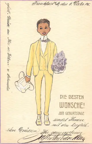 A881 Geburtstagsgrüße 1905 Kunst formell Junge im Anzug Hut Veilchen Blumen Postkarte