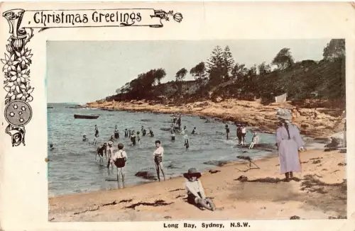 B225 Australien Weihnachtsgrüße Long Bay Sydney NSW Kinder Vintage Postkarte