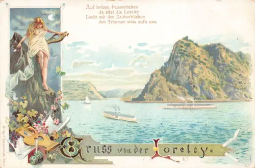 Deutschland Gruss von der Loreley Dampfschiffe Göttin Lire Mondschein Litho Postkarte
