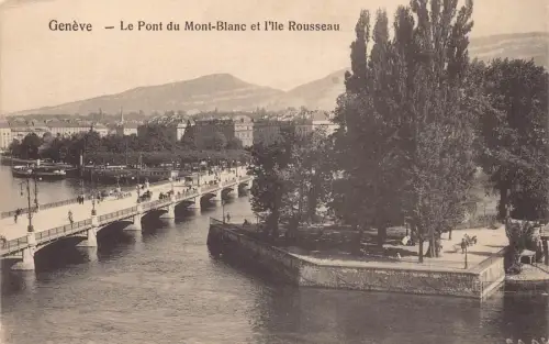 L100 Schweiz Genf Mont-Blanc Brücke und Insel Rousseau Vintage Postkarte