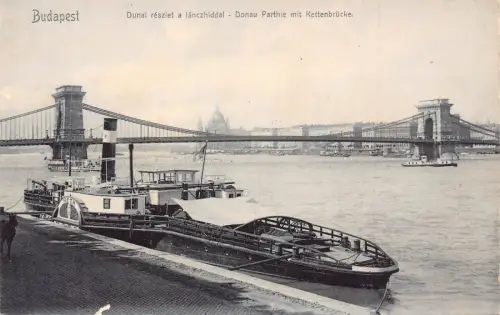 Ungarn Budapest Donau Fluss Kettenbrücke Dampfschiff Postkarte B871