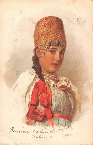 Russland 1908 Nationaltracht ethnische Mädchenkunst von Viktor Bobrow Postkarte B875