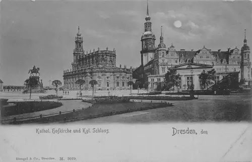 L121 Deutschland Dresden Katholische Kirche und Schloss Mondschein Vintage Postkarte