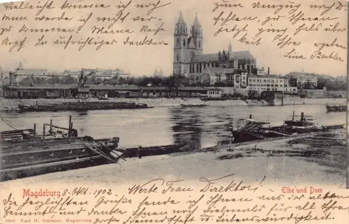 L119 Deutschland 1902 Magdeburg Elbe un Dom Kirche Boote Vintage Postkarte