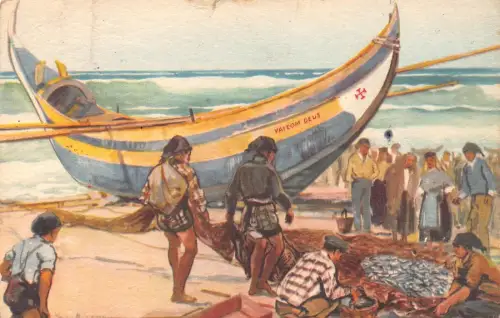 Portugal Pesca da Sardinha Fischer Fischerboot Sardinen Vintage Postkarte