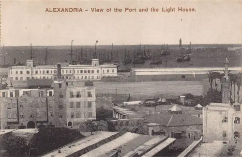 Ägypten Alexandria Blick auf Hafen und Leuchtturm Boote Vintage Postkarte