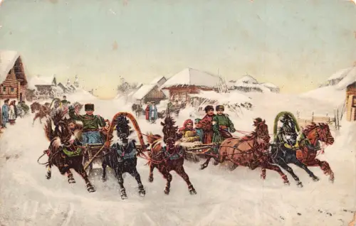 L486 Russland Typen Russen Troika Schlittenpferde Vintage Postkarte
