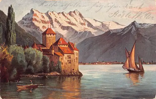 A199 Schweiz Schloss Chillon Segelboot Berge Kunst Vintage Postkarte
