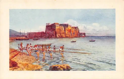 A218 Passepartout Napoli Fischer ziehen Netz Boote Castel dell'Ovo Postkarte