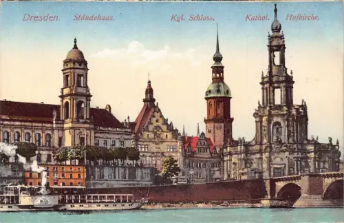 A027 Deutschland Dresden Staendehaus Schloss Katholische Kirche Dampfer Postkarte