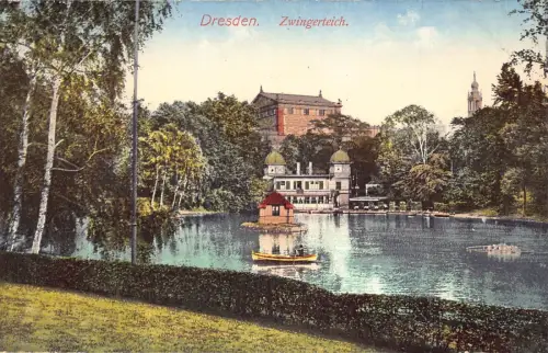 A027 Deutschland Dresden Zwingerteich Teich Boot Oldtimer Postkarte