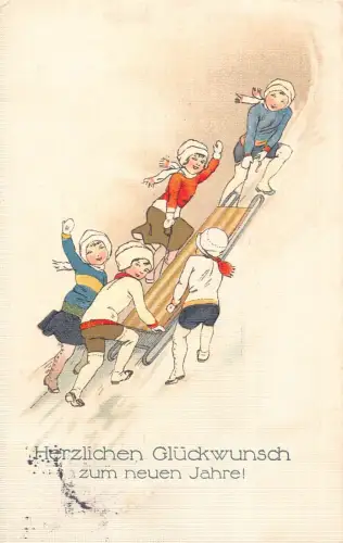 A112 Neujahrsgrüße Kinder im Schnee Schlitten ziehen Vintage Postkarte