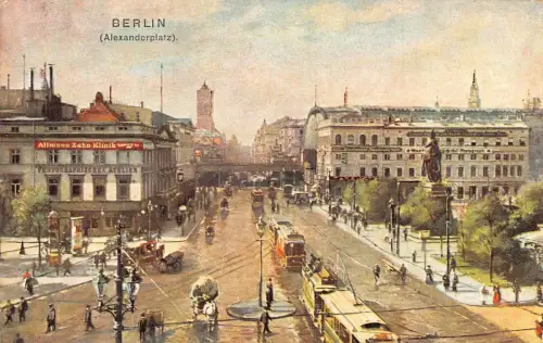 A026 Deutschland Berlin Alexanderplatz Straßenbahnen Allmann Zahn Klinik Vintage Postkarte
