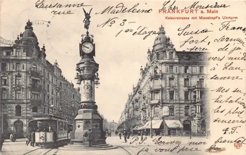 A115 Deutschland 1904 Frankfurt am Main Kaiserstraße Manskopf Uhrturm Straßenbahn Postkarte