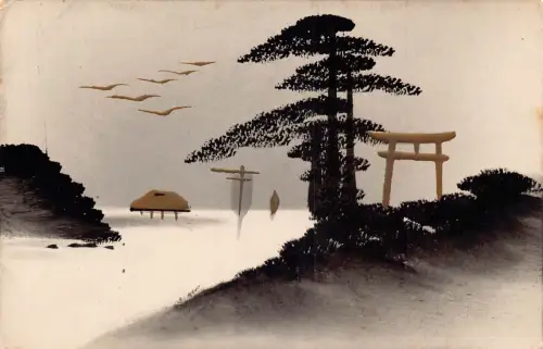 A832 Japan handbemalte Bäume Tori Tor Vögel Boote Vintage Postkarte