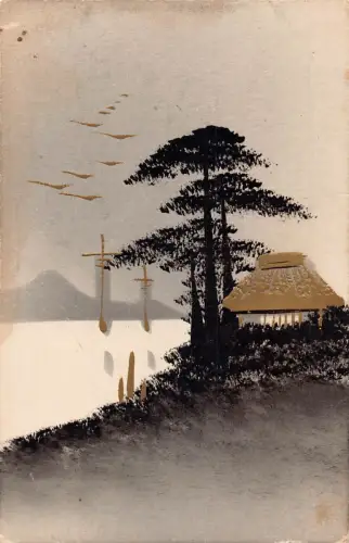 A834 Japan handbemalte Silhouette Baumhütte Vögel Landschaft Vintage Postkarte