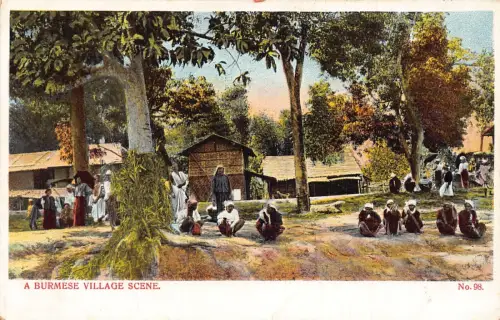 L227 Burma Myanmar eine burmesische Dorfszene Vintage Postkarte