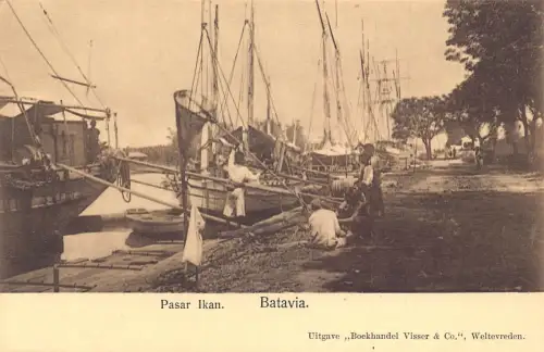 L228 Indonesien Niederländisch-Ostindien Batavia Pasar Ikan Schiffe Boote Vintage Postkarte