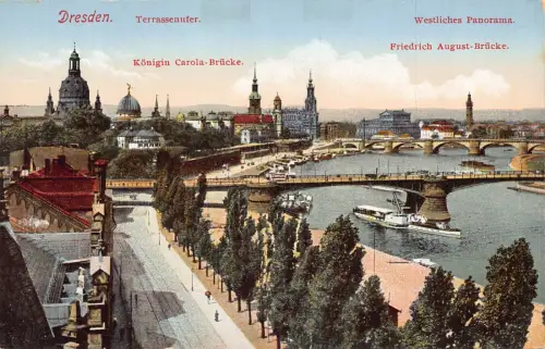 A210 Deutschland Dresdner Terrassenufer Königin Carola Brücke Dampfschiff Postkarte