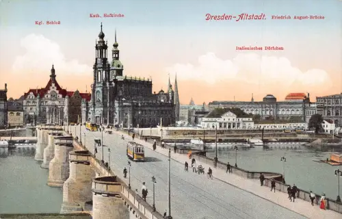 A210 Deutschland Dresden Altstadt Friedrich August Brücke Straßenbahn Vintage Postkarte