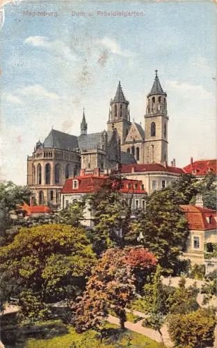 L050 Deutschland 1912 Magdeburg Dom und Praesidialgarten Vintage Postkarte