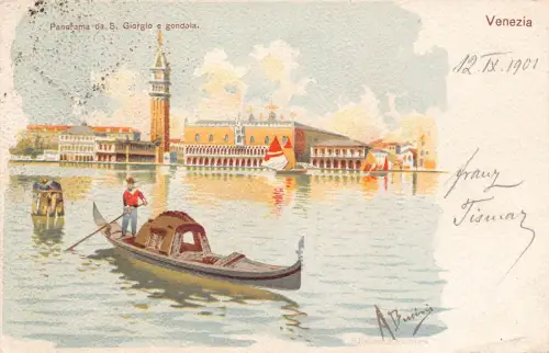 B491 Italien 1901 Venezia Venedig Panorama da S Giorgio e Gondel A Bucini Postkarte